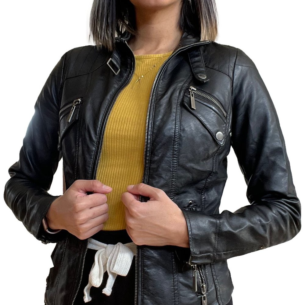 Jou Jou Black Feaux Leather Moto Jacket (Size Small)